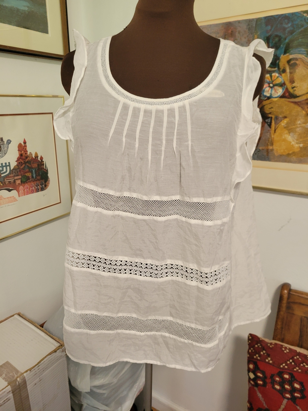 LOFT White Ruffle-Shoulder Lace Inset Top - Picture 1 of 4